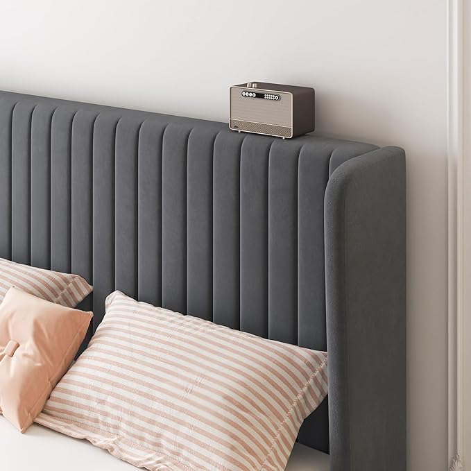 SHA CERLIN Full Size Velvet Bed Frame with Vertical Channel Tufted Wingback Headboard, Upholstered Platform Bed with Wood Slats, No Box Spring Needed, Easy Assembly, Grey