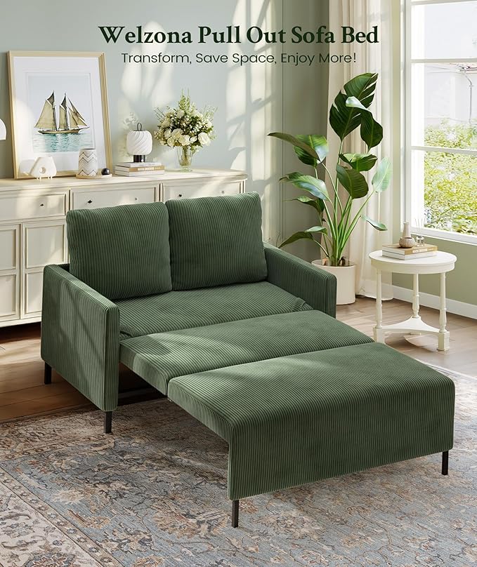 Welzona 47.2" Convertible Sofa Bed Couch, Comfy Corduroy Couch Bed, All in 1 Loveseat Sleeper Sofa, Love Seat Sleeper Bed with 2 Pillows, Modern Couches for Living Room/Apartment/Home/Office, Green