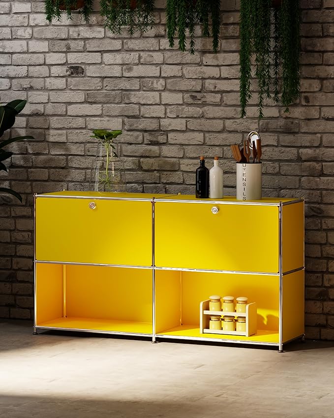 Metal Sideboard with 2 Flap Doors, DIY Modern Home Furnishing,Perfect for Home, Office, Kitchen, Hallway,Foyer Organization(Matt Yellow)