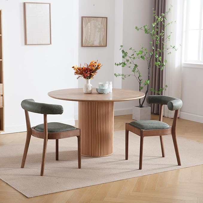 Kmax Dining Room Chairs Mid-Century Modern PU Kitchen Chairs with Natural Walnut Finished Frame, PU Curved Back, Set of 6, Green