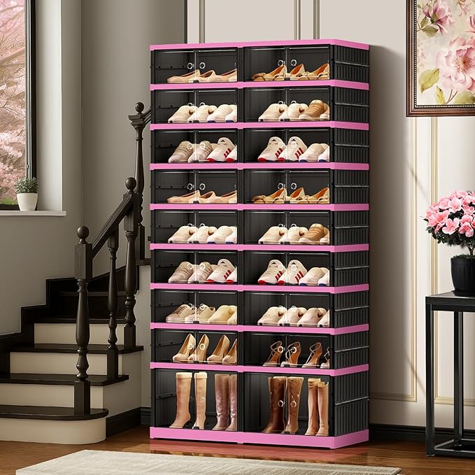 9-Tier Foldable Shoe Rack Organizer for Closet,36 Pairs Collapsible Plastic Shoe Shelf,Large Shoes Cabinet with Door,Clear Stackable Storage Box Easy Assembly（Black-Pink）
