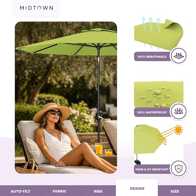 Midtown Umbrellas - The Lean 10 Ft Patio Umbrella with Fade-Resistant Sunbrella Fabric, Auto-Tilt Aluminum Frame and 8 Reinforced Ribs for Deck, Pool & Garden - Macaw Canopy, Black Pole