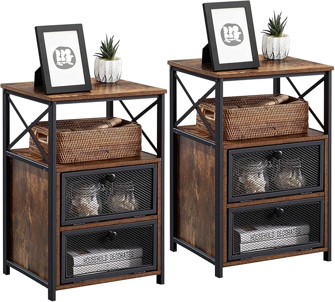 VECELO Nightstand Set of 2, End Table with Flip Drawer, Modern Night Stand for Bedroom,Living Room, Office, Easy Assembly, Dark Brown