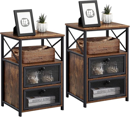 VECELO Nightstand Set of 2, End Table with Flip Drawer, Modern Night Stand for Bedroom,Living Room, Office, Easy Assembly, Dark Brown