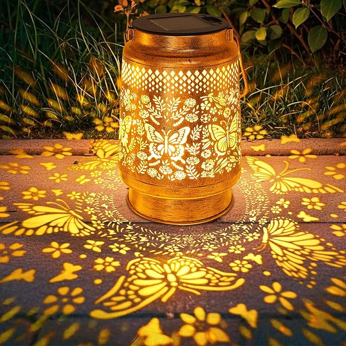 Solar Lanterns Outdoor Butterfly Garden Decor, Gifts for Women Mom Grandma Birthday, Waterproof Metal Hanging Solar Lights LED Decoration with Shepherd Hook Outside for Yard Patio Lawn Porch