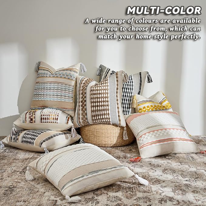 AmHoo Set of 2 Chenille Striped Textured Boho Throw Pillow Covers Aesthetic with Tassels Woven Decorative Pillow Case for Couch Bed Sofa Bedroom Modern Funky 18 x 18-Inch White Multicolor
