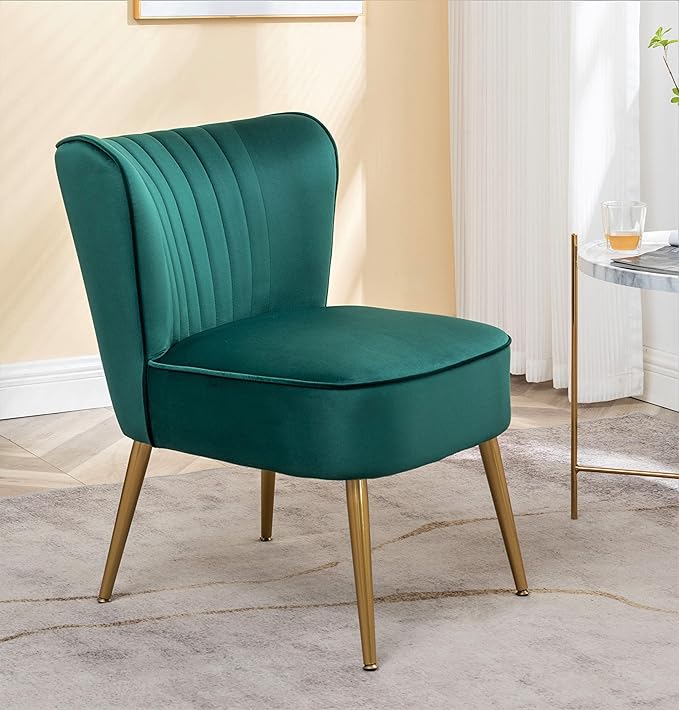 Modern Velvet Accent Chair for Living Room, Bedroom, or Entryway, Stylish and Comfortable Armless Design with Metal Legs, Green