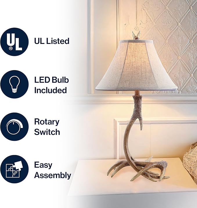JONATHAN Y 27.5" Brown Antler Rustic Resin Table Lamp for Living Room Bedroom, Light Grey Linen Shade, Farmhouse Lodge Nightstand Lamp, LED Bulb Included JYL6305A