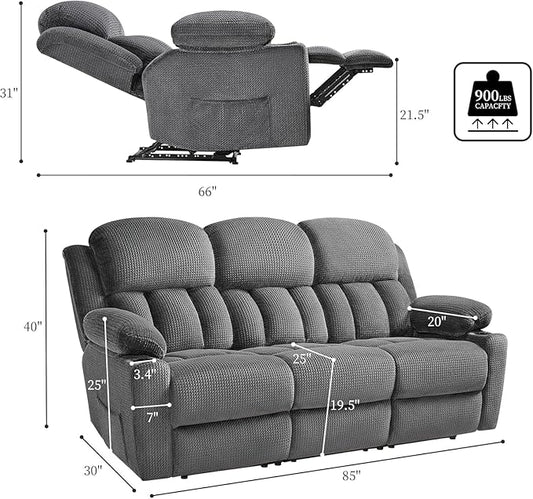 Jocisland 85" Manual Reclining Sofa, 3 Seater Recliner Couch with Dual Wingback Recliners & Cup Holders, Comfy Oversized Living Room Sofa, Grey