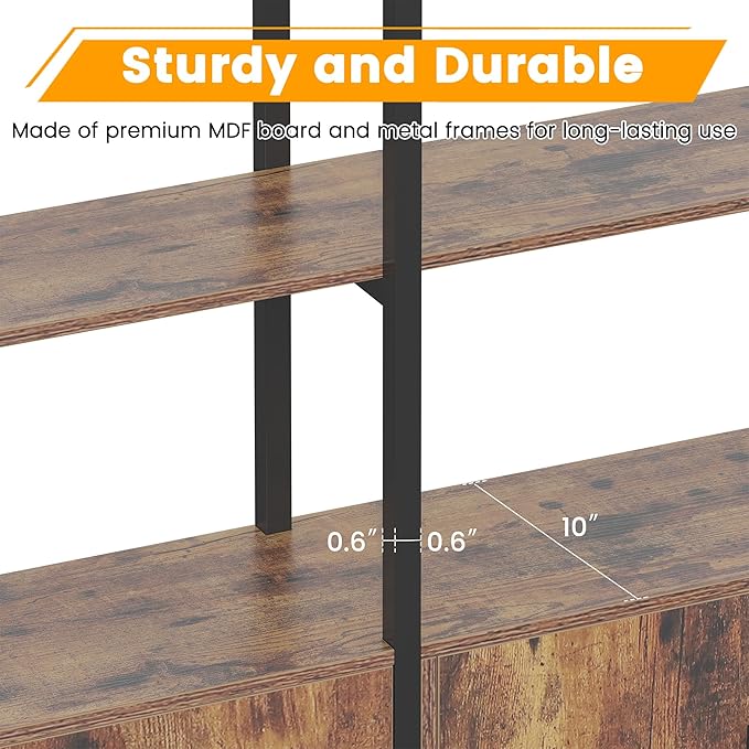 86" Triple Wide Bookshelf and Bookcase with 3 Cabinets, Tall Arched 5 Tier Industrial Etagere Open Bookshelves, Wood Book Shelf for Bedroom Living Room (Vintage Brown)