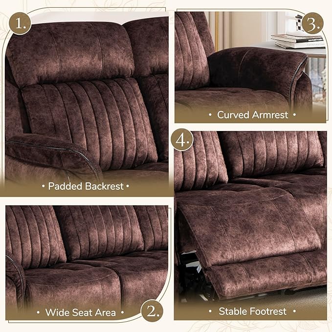 Power Reclining Sofa with Zero Gravity, Adjustable Headrest, Electric Reclining Couch with Wireless Charge, USB/Type-C Ports, Wall Hugger Couches for Living Room (Brown, 3 Seater Sofa)