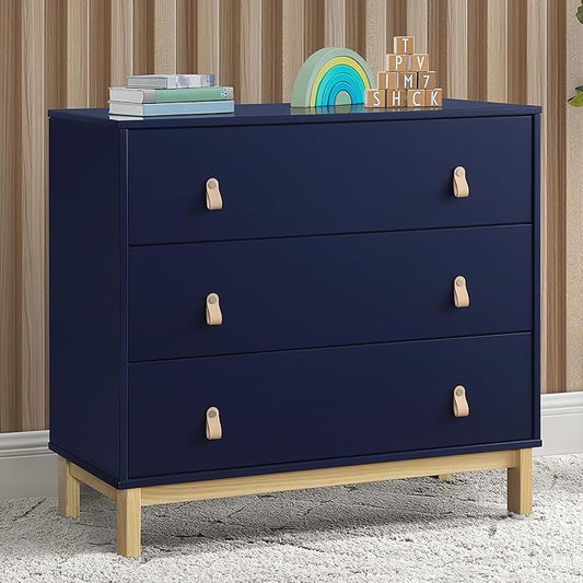 babyGap Legacy 3 Drawer Dresser with Leather Pulls and Interlocking Drawers by Delta Children, Navy/Natural
