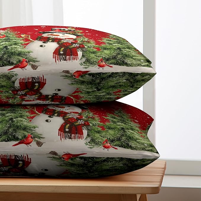 Winter Snowman Pillow Covers 12x20 Set of 2 Red Winter Lumbar Throw Pillow Covers Xmas Snowman Cardinal Snowy Pine Tree Pillow Case Winter Outdoor Pillowcases for Living Room Couch Sofa
