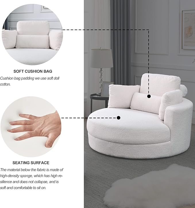 HomSof Swivel Accent Barrel Modern Sofa Lounge Club Big Round Chair with Storage Ottoman Linen Fabric for Living Room Hotel with Pillows，White