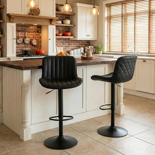 YOUNUOKE Black Bar Stools Set of 2 Adjustable Counter Height Stools Modern Swivel Barstools with Backs Mid Century PU Leather Upholstered Bar Chairs for Kitchen Island