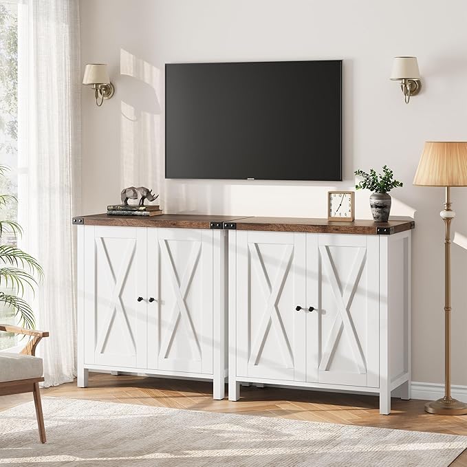 GarveeHome Small Storage Cabinet, Farmhouse Sideboard Buffet Cabinet with 2 Doors and Adjustable Shelves, Accent Entryway Console Cabinets for Living Room, Dining Room (White+Brown, 1 Pieces)
