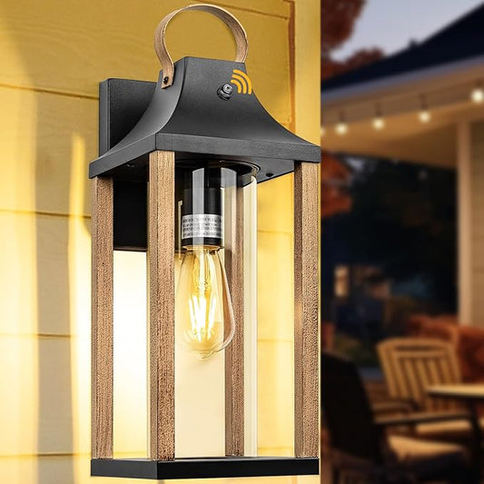 Dusk to Dawn Outdoor Light Fixture Rustic Wood, 17” Large Outside Light for House Cylindrical Glass IP65 Waterproof Outdoor Lantern Scone Farmhouse Porch Light Exterior Wall Mounted Lamp