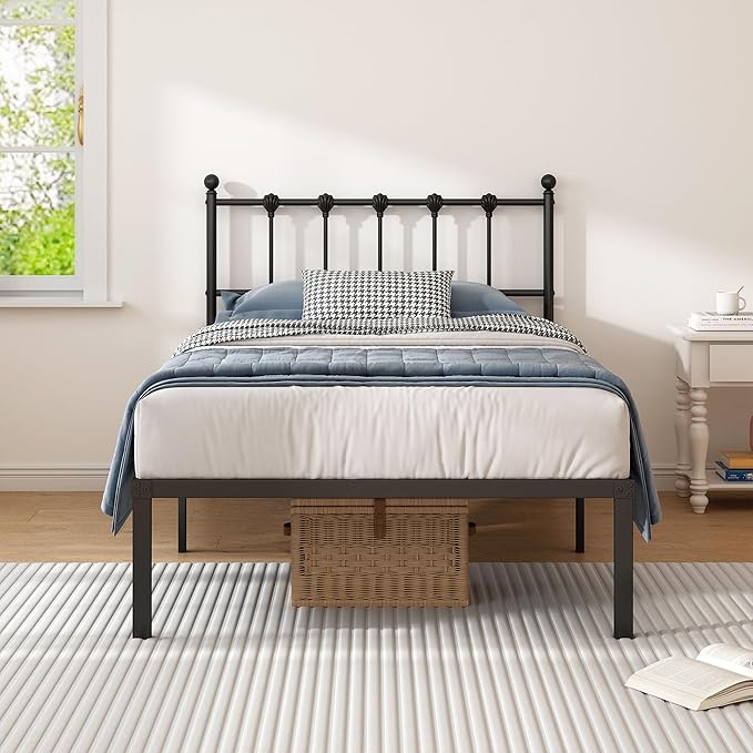 Twin Size Bed Frame with Modern Headboard, Metal Platform Bed Base with Strong Support, No Box Spring Needed, Easy Assembly, Noise Free，Black