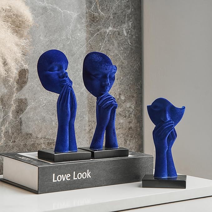 3 Pcs Navy Blue Decor Prayer Statues for Living Room Decor, Flocked Prayer of Peace Figurines Shelf Decor Accents, Abstract Sculptures for Bedroom Bookshelf Coffee Table Decor, Gifts for Women