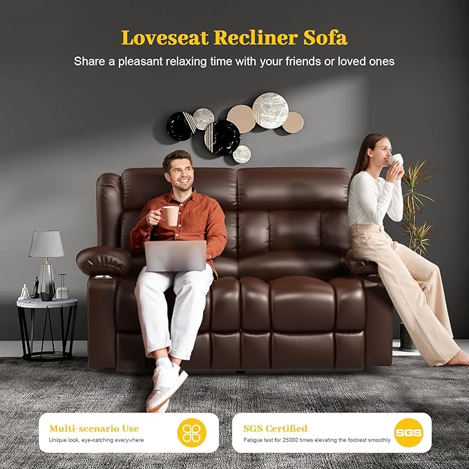 Loveseat Recliner Sofa, PU Leather Reclining Loveseat with USB Charge Ports, Cup Holders, 2 Seater Manual Pull Tab Recliner Loveseat Couches for Living Room, Brown