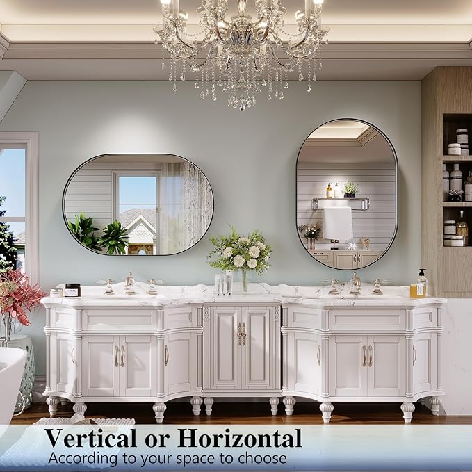Black Oval Mirror for Bathroom, 24 x 36 Inch Oval Bathroom Vanity Mirror for Wall, Wall Mounted Metal Frame Mirror for Bedroom Living Room Entryway, Wall Decor, Hangs Horizontal or Vertical