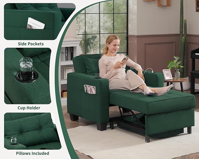 DURASPACE Pull Out Sofa Bed 3-in-1 Convertible Sofa Sleeper Chair Bed with USB, Cup Holder, Adjustable Armchair Beds for Small Spaces, Apartment, Living Room, Office (Green Linen)