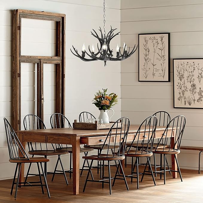 JONATHAN Y 26" Black Rustic Resin Antler 4-Light LED Chandelier, Farmhouse Faux Deer Horn Hanging Ceiling Light for Dining Room, Kitchen Island, Adjustable Light Fixture (JYL6300C)