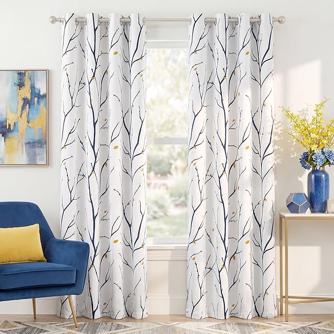 NICETOWN Branch Fall Curtains for Living Room 84 inches Long, Grommet Blackout Light Blocking Thermal Curtains & Drapes Artistic with Flower Petals for Bedroom, Navy Blue, 2 PCs, W52 x L84
