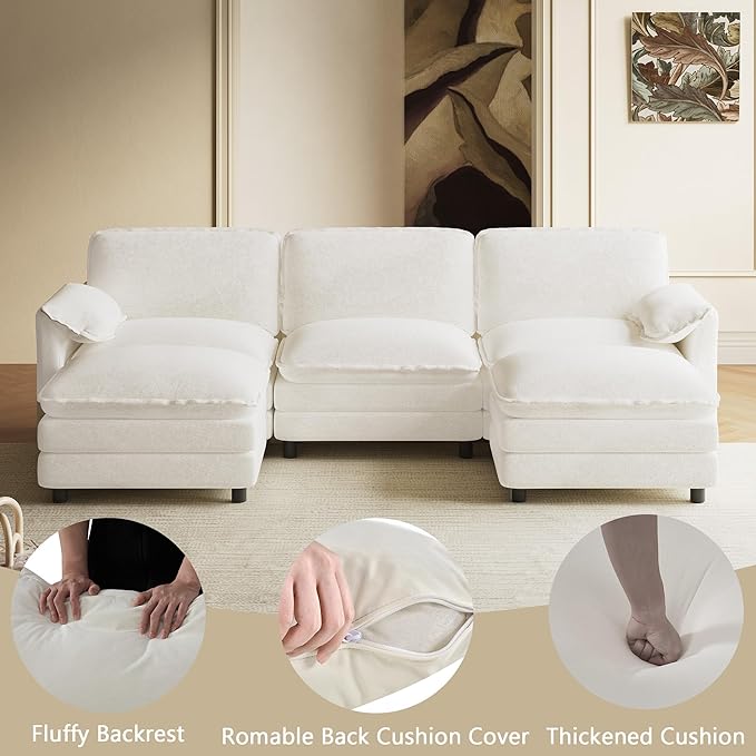 114" U Shaped Cloud Couch Sectionals Comfy Beige White Sectional Couches for Living Room Modern Fluffy Oversized Modular Sofas with Ottoman, Chenille Large Big 5 Seat Sofa Set
