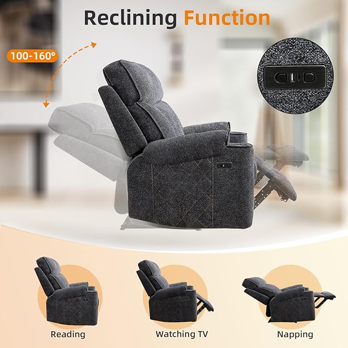 EBELLO Power Reclining Sofa Couch, Fabric Electric Recliner 3 Seater Sofa with Cup Holders, USB and Type-C Charging Ports and Storage Space, 3 Seats for Small Living Room, Bedroom, Meeting Room, Grey