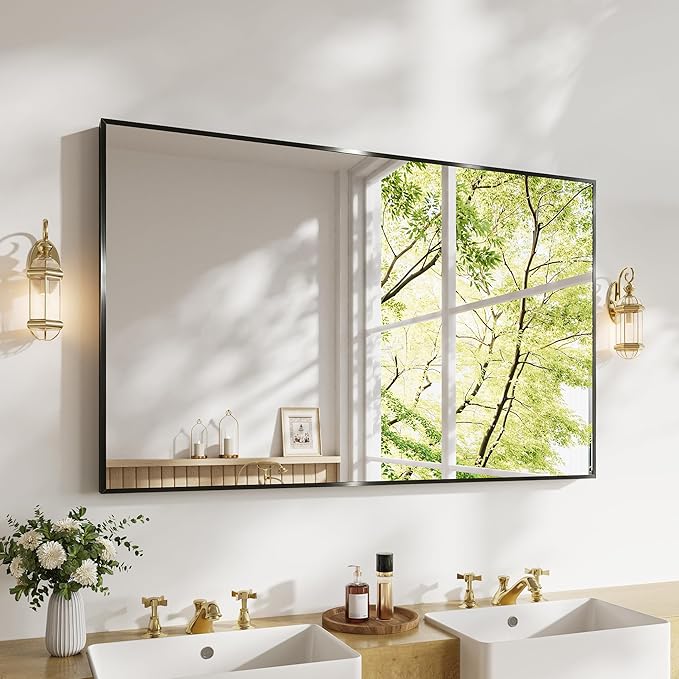 Koonmi Bathroom Mirror for Wall, 30"x48" Black Bathroom Mirror for Over Sink, Shatterproof Tempered Glass Vanity Mirror with Anti-Rust Aluminum Alloy Frame, Hang Horizontally or Vertically