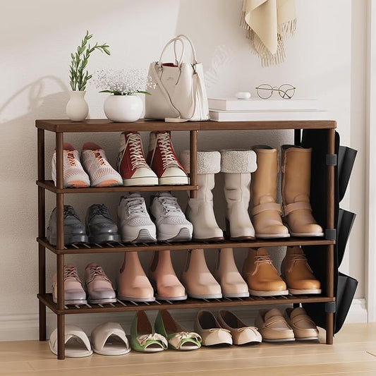 Bamboo Shoe Rack, 4 Tiers Shoe Organizer for Closet, Shoes Storage for 20-24 Pairs, Freestanding Shoe Shelf with Removable Pocket for Entryway Bedroom Front Door Dorm, Walnut Brown