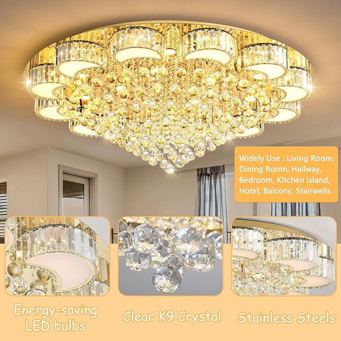 47'' Gold Modern Crystal Chandeliers for Dining Room LED Dimmable Light Fixtures Flush Mount Light Living Room Bedrooms
