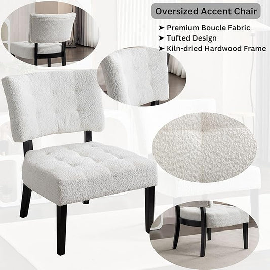 Roundhill Furniture Movile Boucle Tufted Accent Chair with Oversized Seating, White