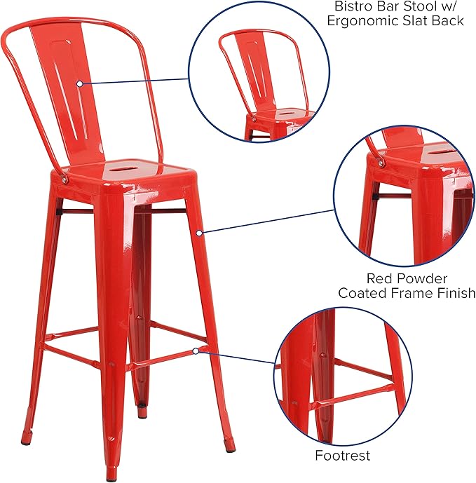 Flash Furniture Commercial Grade 30" High Red Metal Indoor-Outdoor Barstool with Removable Back