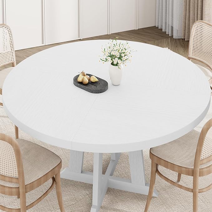 IDEALHOUSE Round Dining Table for 4, 47 Inches Dining Room Table with Wooden Base, Kitchen Table with Circle Tabletop, Dinner Table for Dining Room, Kitchen, Living Room, White