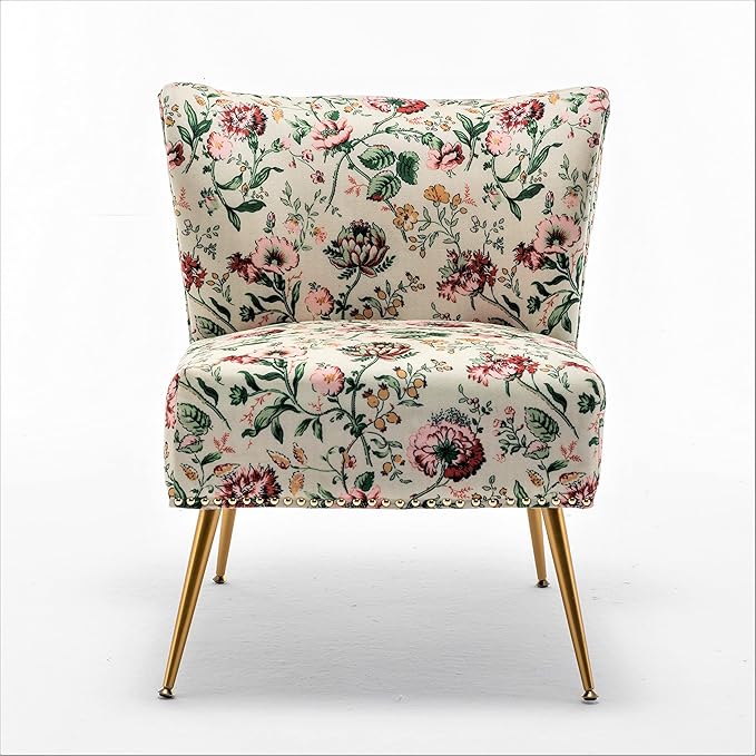 Thia Armless Accent Chair for Living Room, Elegant Seat with Nailhead Trim, Gold Metal Legs and Comfortable Curved Back, 28" D x 25" W x 29.5" H, 03 Floral Print