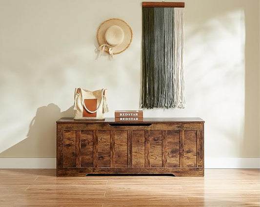 51.2"Storage chest extra large,storage bench with 2 safety hinges,Shoe Bench,51.2*15.7*19.1inches,wooden trunk for bedroom,livingroom,entryway,Supports 220 lb,Easy Assembly(Rustic brown)