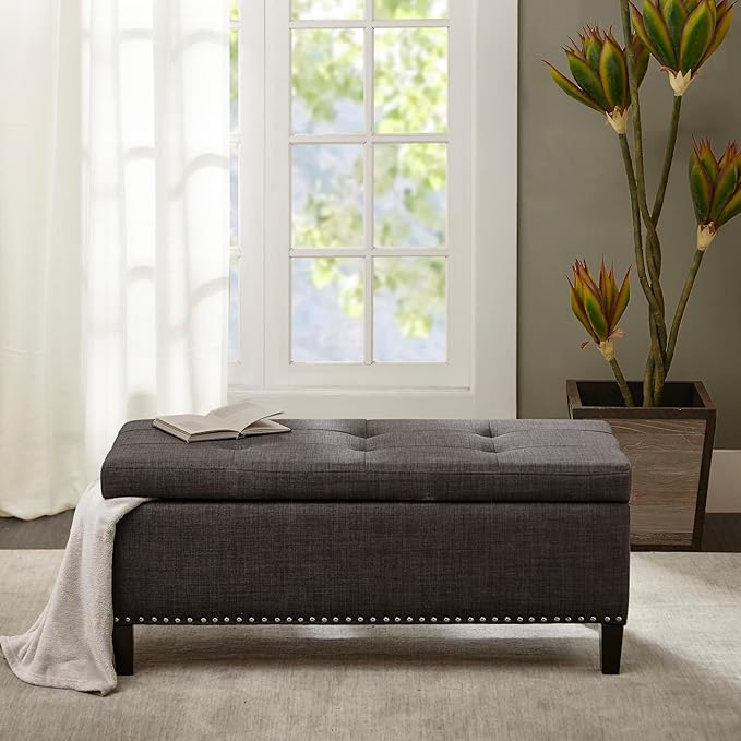 Madison Park Shandra II Storage Ottoman - Solid Wood, Polyester Fabric Toy Chest Modern Style Lift-Top Accent Bench for Bedroom Furniture, Medium, Charcoal