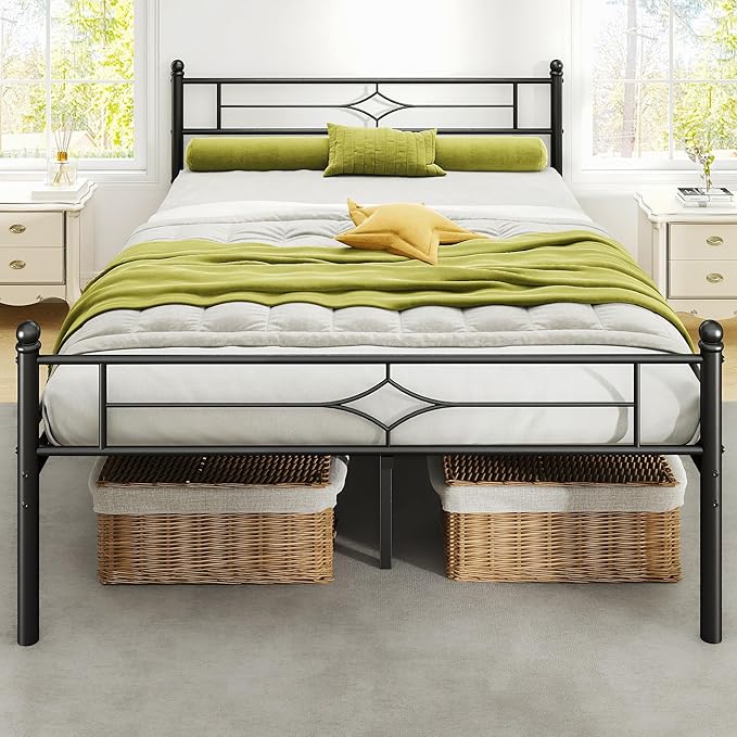 Queen Size Metal Platform Bed Frame with Vintage Headboard and Footboard, Sturdy Queen Bed Frame, 12.5 Inch Under Bed Space, No Box Spring Needed, Easy to Assemble, Noise Free, Black