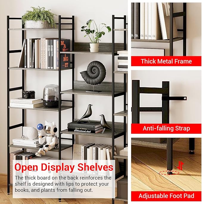5 Tier Bookshelf, Large Open Bookshelves for Living Room with 14 Display Shelves & Anti-Tip Baffles, Rustic Standing Shelf for Home Office, Bedroom