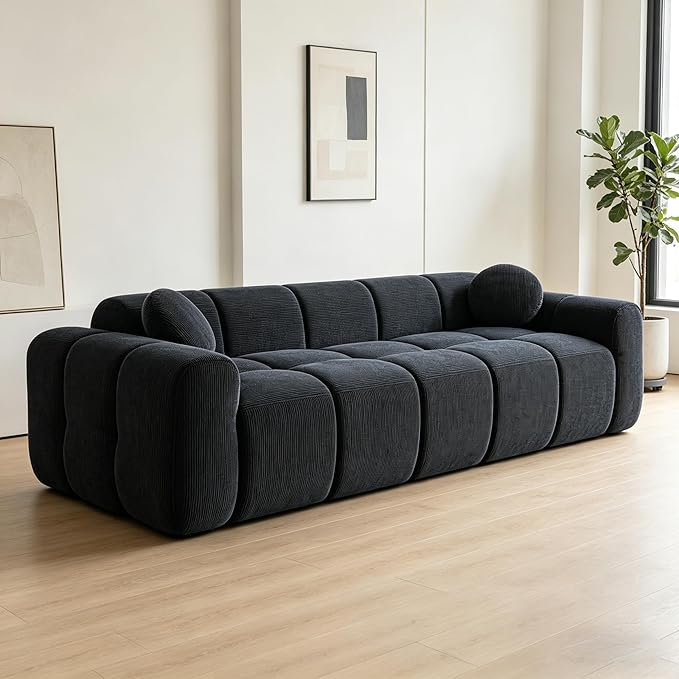 98.4-Inch Oversized Boneless Cloud Couches Deep Seat Foam Sofa Couch with 2 Round Toss Pillows, Luxury Corduroy Upholstered 3 Seat Tufted Loveseat, Cloud Sofa in a Box