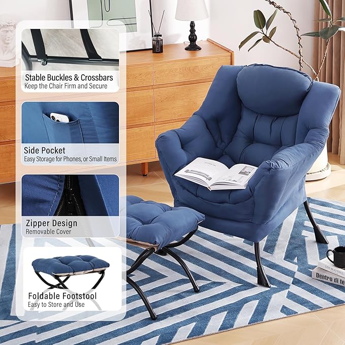 Lazy Chair with Ottoman, Modern Accent Chair with Folding Footrest, Royal Blue Sofa Chair Set, Comfortable Reading Chairs, Oversized Armchairs for Bedroom, Study, Living Room, Courtyard