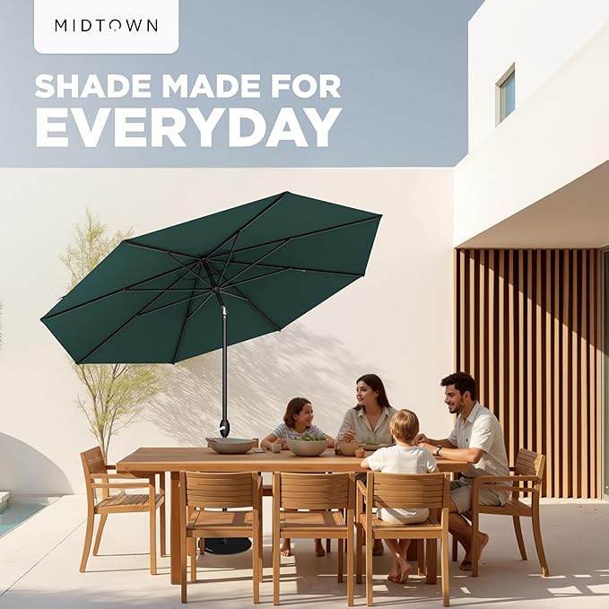 Midtown Umbrellas - 10-Year-No-Fade 9 Ft Patio Umbrella with Terylast Fabric, Auto-Tilt Aluminum Frame and 8 Reinforced Ribs for Deck, Pool, Garden & Beach - Forest Green Canopy, Black Pole