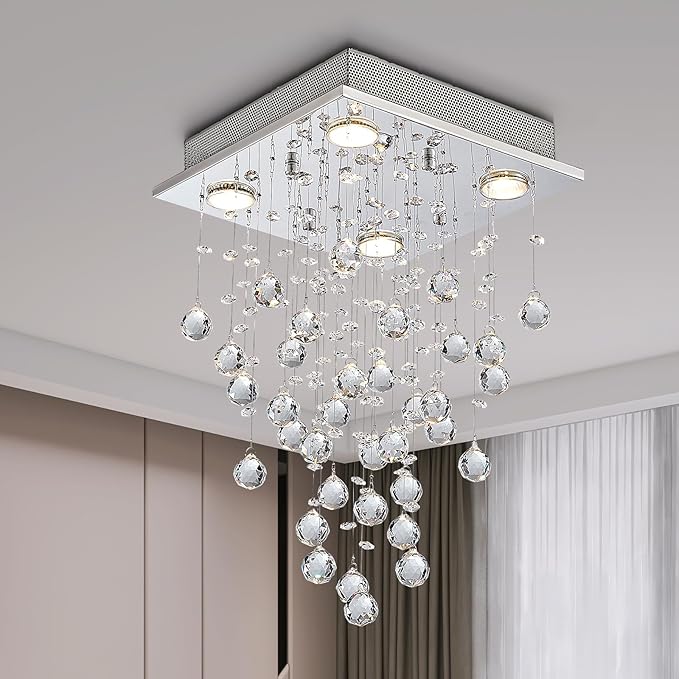 Bestier Chrome Modern Crystal Square Raindrop Chandelier Lighting Flush Mount LED Ceiling Light Fixture Pendant Lamp for Dining Room Bathroom Bedroom Livingroom 4 GU10 Bulbs Required 12" Wide 20" High