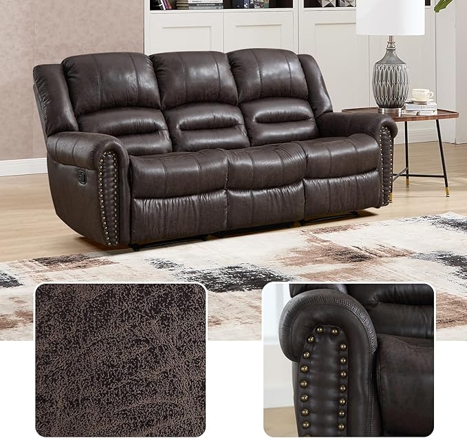 EBELLO Faux Leather Manual Reclining Sofa, 3 Seat Reclner Sofa with Soft Padded Seat Backrest, Vintage Rivet Mid-Century Design for Living Room, Bedroom, Meeting Room, Dark Brown