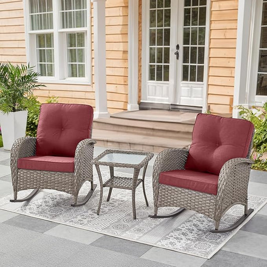 Belord Patio Rocking Chairs Wicker Set - Outdoor Rocking Chairs Set of 2 with Side Table, 3 Piece Patio Rocker Furniture Set with Water-Resistant Cushions for Balcony Porch Backyard