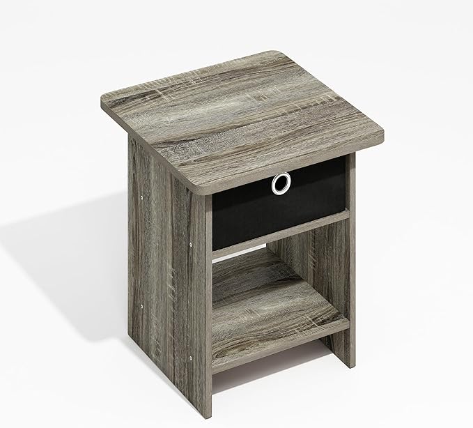 Furinno Modern Side Table, Square End Table with Storage Bin, Round Corner Night Stand, Bedside Table with Storage Shelf, for Living Room, Bedroom, Grey Oak