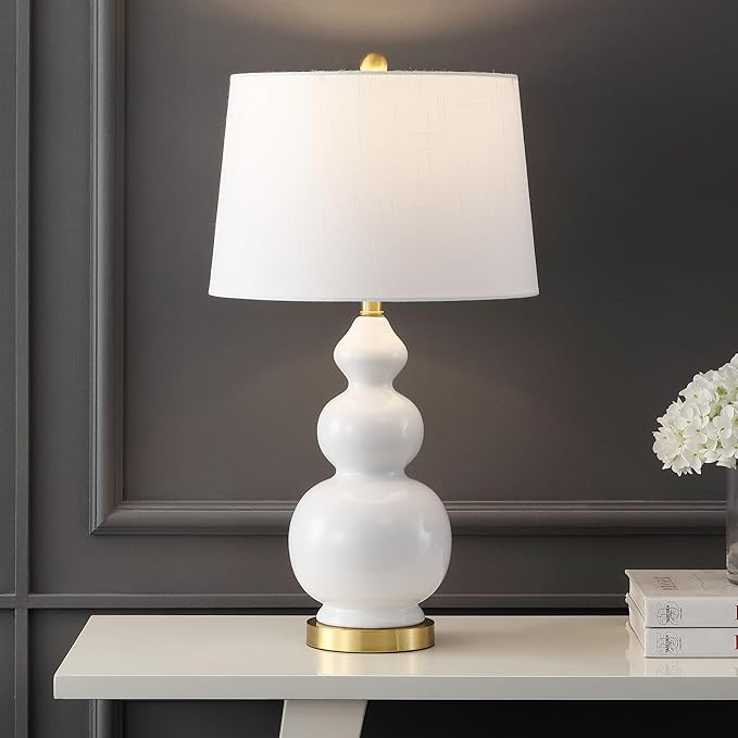 JONATHAN Y 27.5" White/Brass Gold Modern Ceramic Gourd Table Lamp for Living Room, Large Bedside Nightstand Lamp for Bedroom, White Linen Drum Shade, LED Bulb Included (JYL4023D)