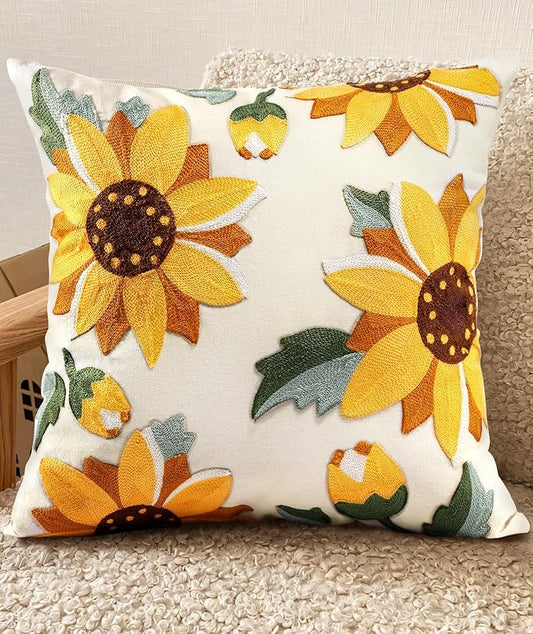 Embroidered Throw Pillow Cover - 18x18 Decorative Pillow Cover with Zipper Aesthetic Cute Design Boho Spring Summer Throw Pillowcase for Living Room Couch Sofa Bed, Sunflower